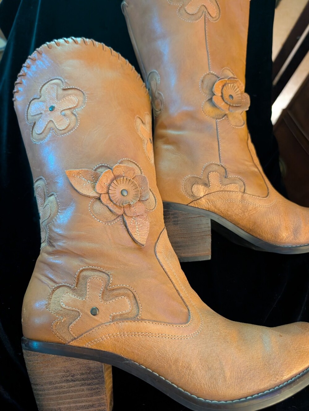 MIA Women's  Embroidered Tan Leather Mid-Calf Boots